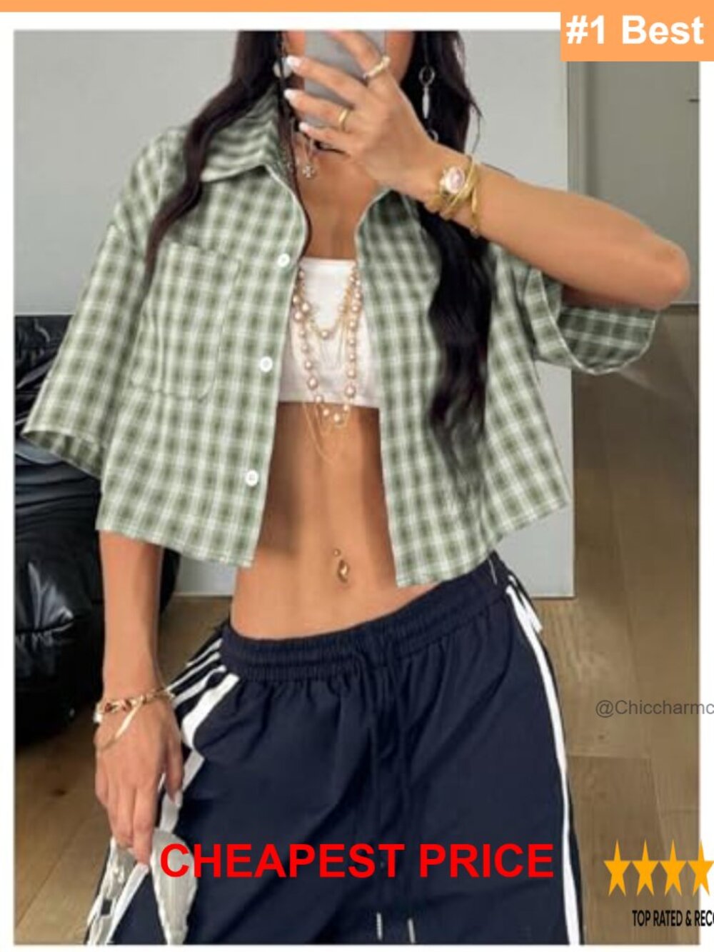 Crop Button Down Plaid Short Sleeve Blouse - Picture 3 of 5